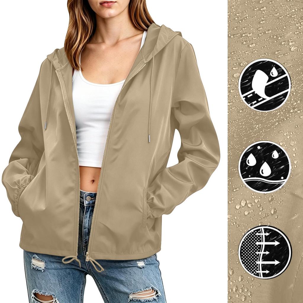 Women Lightweight Hooded Windbreaker Jacket Full Zip Outdoor Casual Sports Coat with Adjustable Drawstring and Pockets for Everyday Use