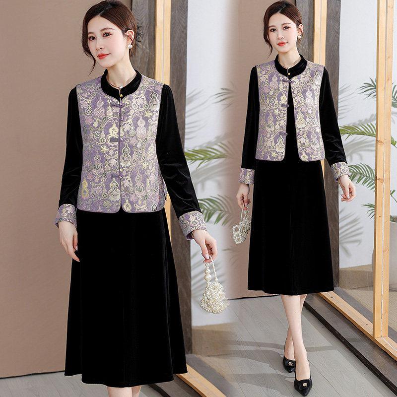 Elegant Spring & Autumn Velvet Dress with Vest for Mature Women 4XL (Recommended 68-73kg)