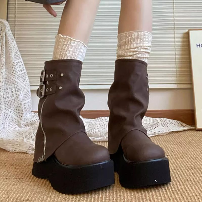 Sweet Cool Spice Girl Fan Car Pant Tube Boots Wedge Heel Muffin Martin Boots Thick-soled Height Increasing Short Boots Women's 2025 Autumn New