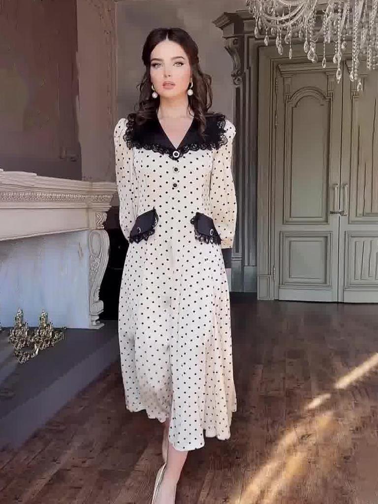 Sommer 2024 Slim Fit Polka Dot Kleid mit Spitzenbesatz & Peter Pan Kragen