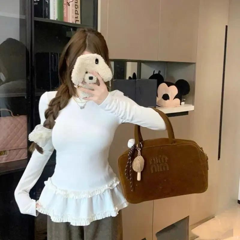 Women Fashion Slim Basic Ruffle Patchwork Long Sleeve T-Shirt Spring Autumn Winter Thickened Crew Neck Pullovers