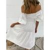 French Style Elegance White off-Shoulder Puff Sleeves Waist-Tight Dress Sexy One Line Neck Dress