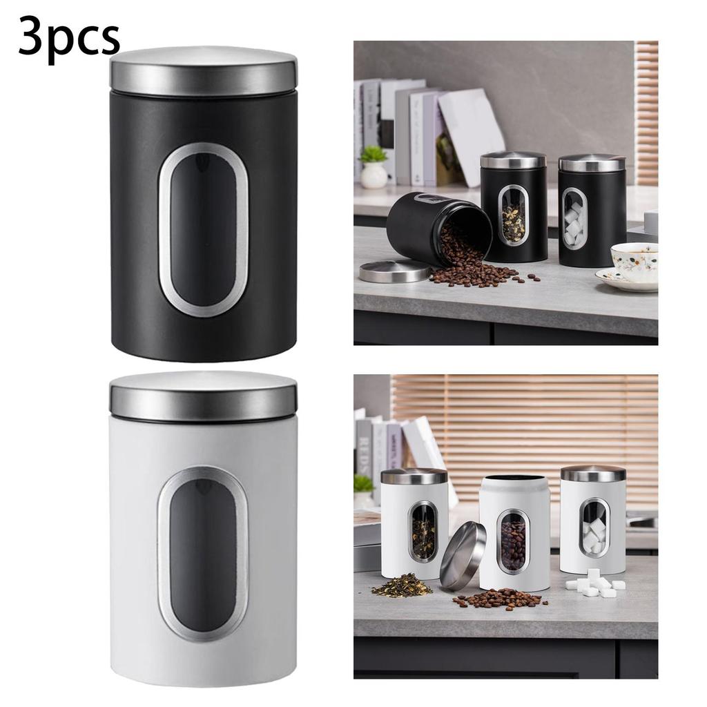 3 Pieces Stainless Steel Kitchen Storage Canister Set Transparent Food Storage Jars