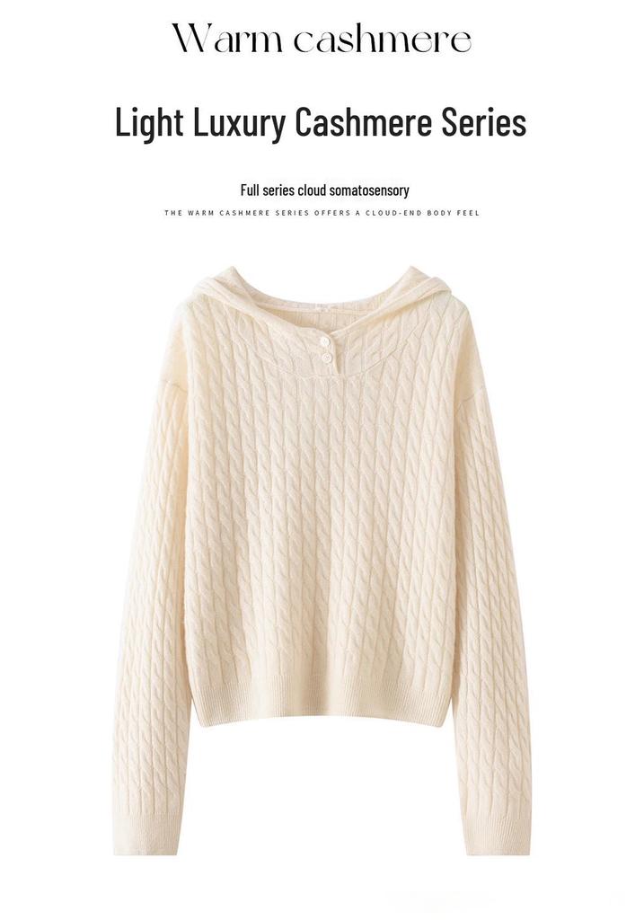New Style Simple Temperament Women's Cashmere Hoodie Sweater with Full Body Cable Knit Base Layer