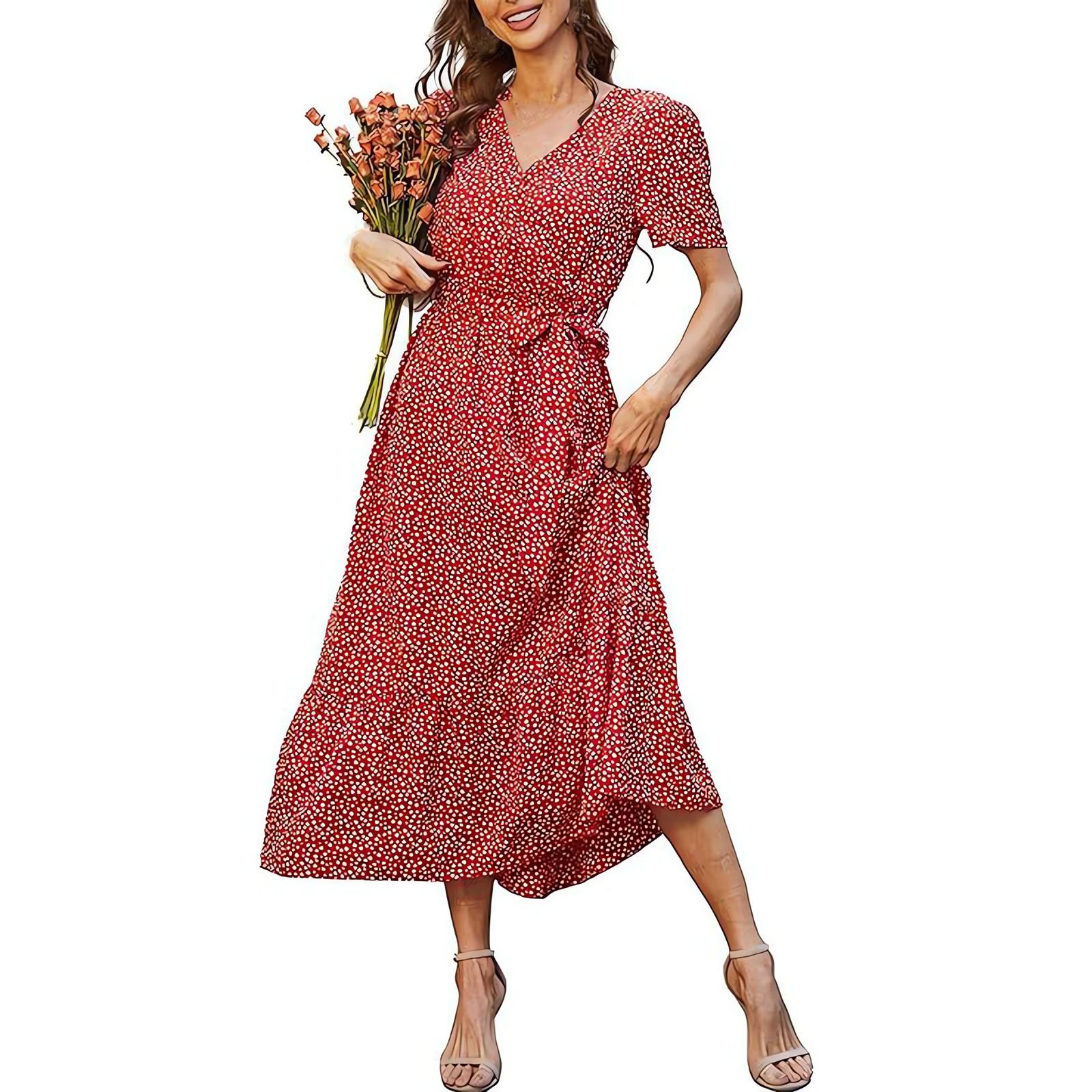 

Женское платье А-силуэта с V-образным вырезом, коротким рукавом, поясом, плиссированным подолом и цветочной длинной юбкой XXL красный