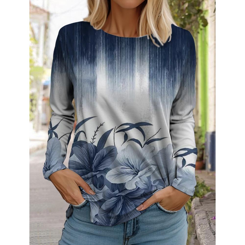 Dames Sweatshirt 3D Print Etnisch Bloemen Grafisch Dagelijkse Mode Casual Lange Mouw T-Shirts Ronde Hals Zwart Lente Herfst Tops