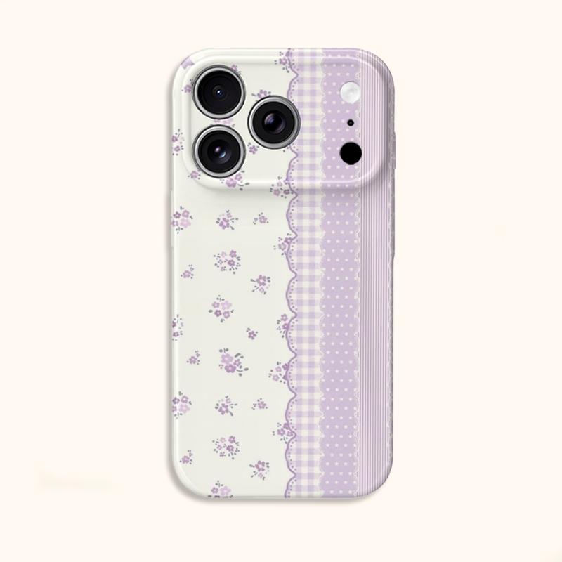 Feminine Patchwork Border Lavender Striped Floral Graphic Art Film Aesthetic Protective Phone Case Cover For iPhone 12 13 14 15 16 17 Pro Max Plus
