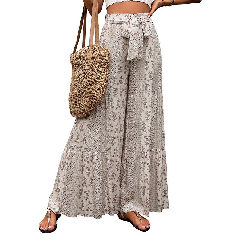 High-waisted, Drawstring Wide-leg Trousers with Patchwork Ethnic-style Details – Casual Wide-leg Trousers for Women