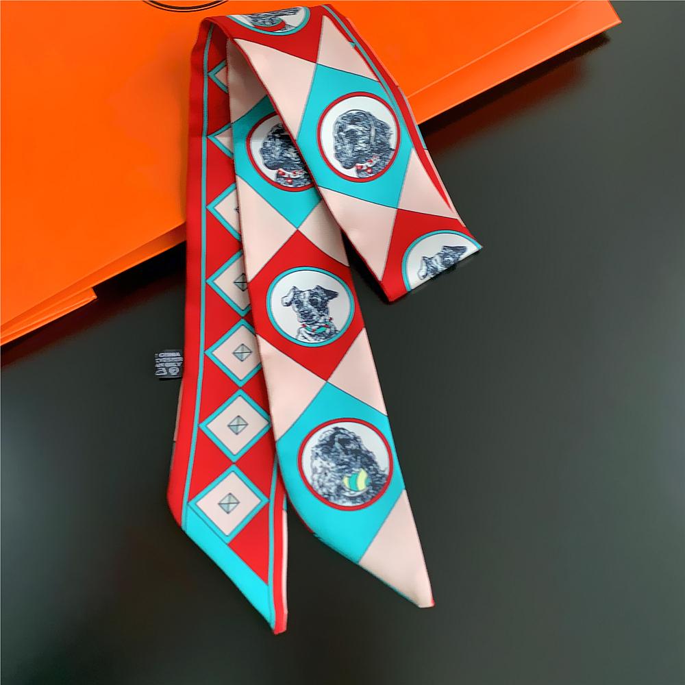 2022Summer Fashion New Animal Dog Pattern Ladies Decoration Twill Long Strip Silk Scarf Narrow Belt Streamer Tie Bag Small Scarf