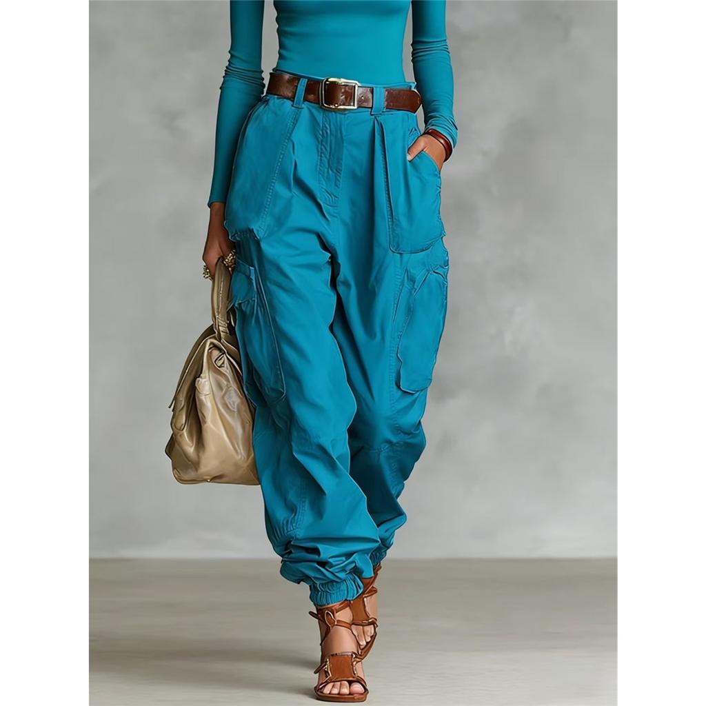 Women High Waist Cargo Pants Multi‑Pocket Loose Harem Trousers Drawstring Ankle Banded Casual Streetwear