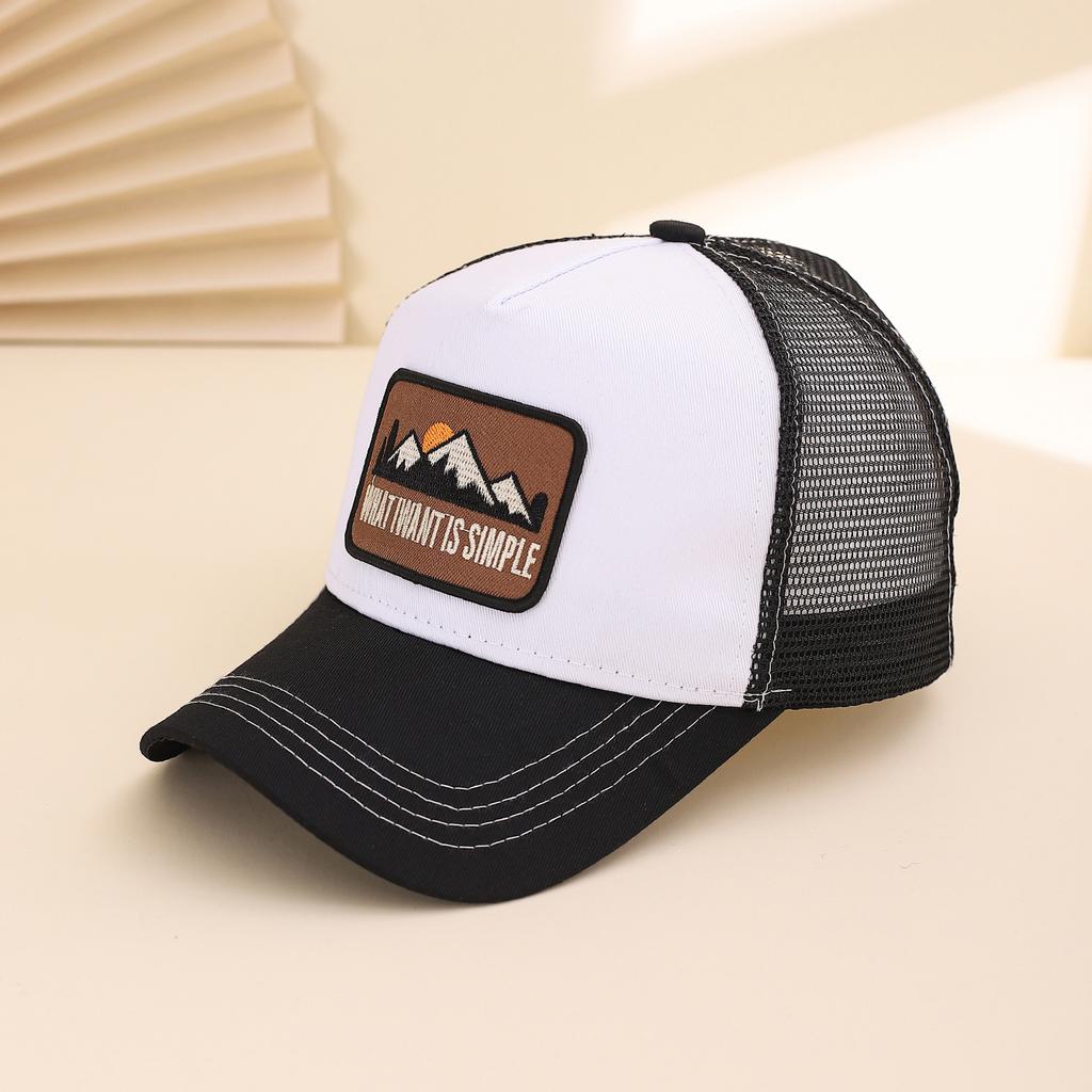 Fashionable Summer Hollow Out Mesh Baseball Cap with Embroidered Sunset Mountain Design, Outdoor Sun Protection Snapback Hat