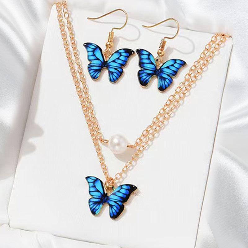 Multicolor Butterfly Necklace Earrings 3-Piece Set Sweet Versatile Butterfly Collarbone Chain Women'S Necklace Jewelry