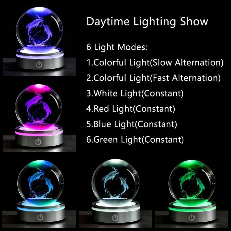 Glob de cristal cu delfin și inimă gravat cu laser 3D, lumină de noapte romantică cu LED, figurine animale marine, decor, lampă sferă de sticlă, cadouri