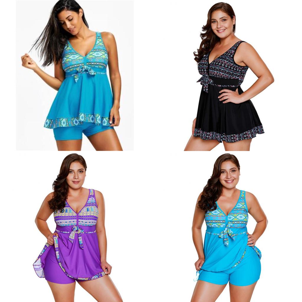 Elegant Womens Fashion Plus Size V Neck Skirted Print Front Tankini Swimsuit
