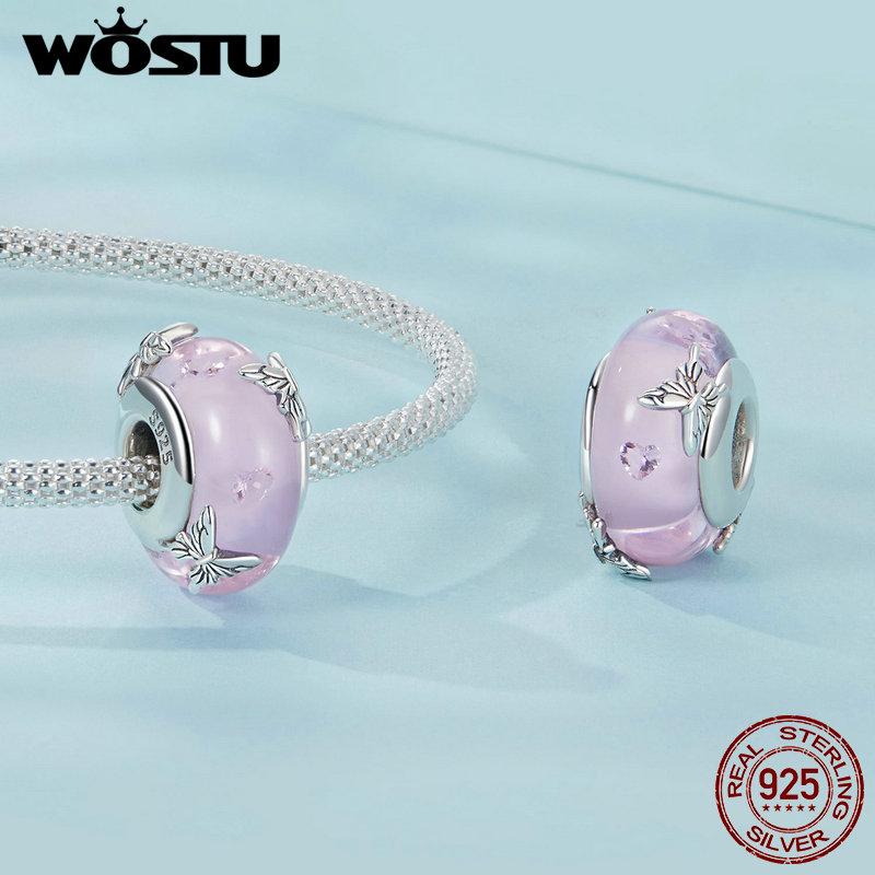 WOSTU Argent Sterling 925 Perles en Verre Rose Breloque Papillon Transparent Convient Femmes Bracelets Originaux Bijoux DIY
