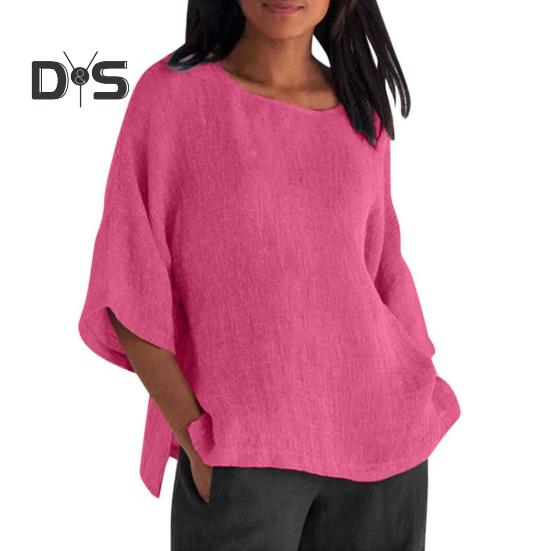 Women Shirt 3/4 Sleeve Casual Crew Neck Solid Color Pullover Tops Loose Fit Vacation Blouse Daily Wear