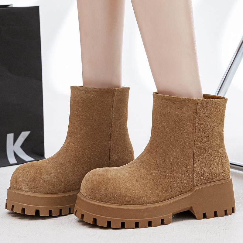2025 autumn and winter new matte cowhide Martin boots women's thick-soled heightening rhubarb boots British style round head sleeve short boots