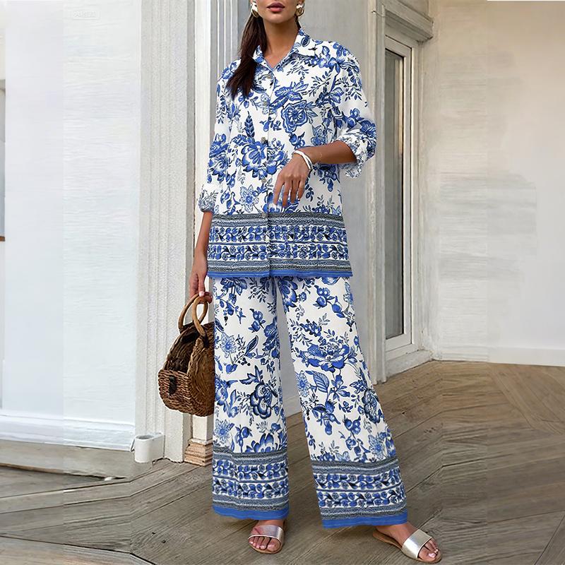 

ZANZEA Женский Блуза с длинным рукавом и брюки Повседневный костюм-двойка с принтом 3XL