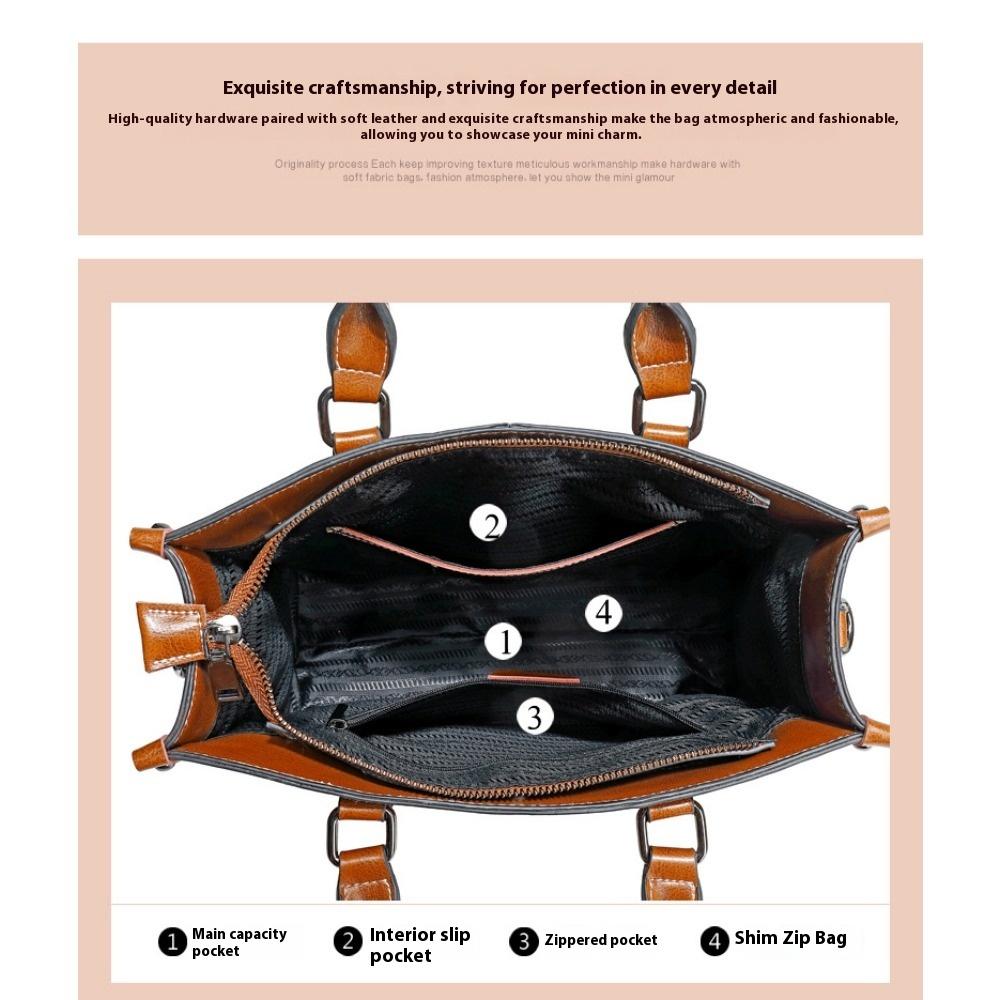 Bag Women's Oil Wax Splicing Genuine Leather Women's Bag European and American Style Cowhide Versatile Portable Shoulder Messenger Bag