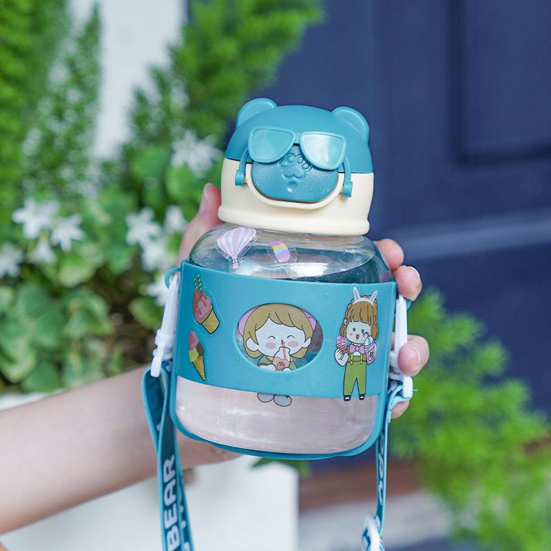 Water bottle high value cartoon plastic cup children portable cute cup strap straw cup [sticker model]