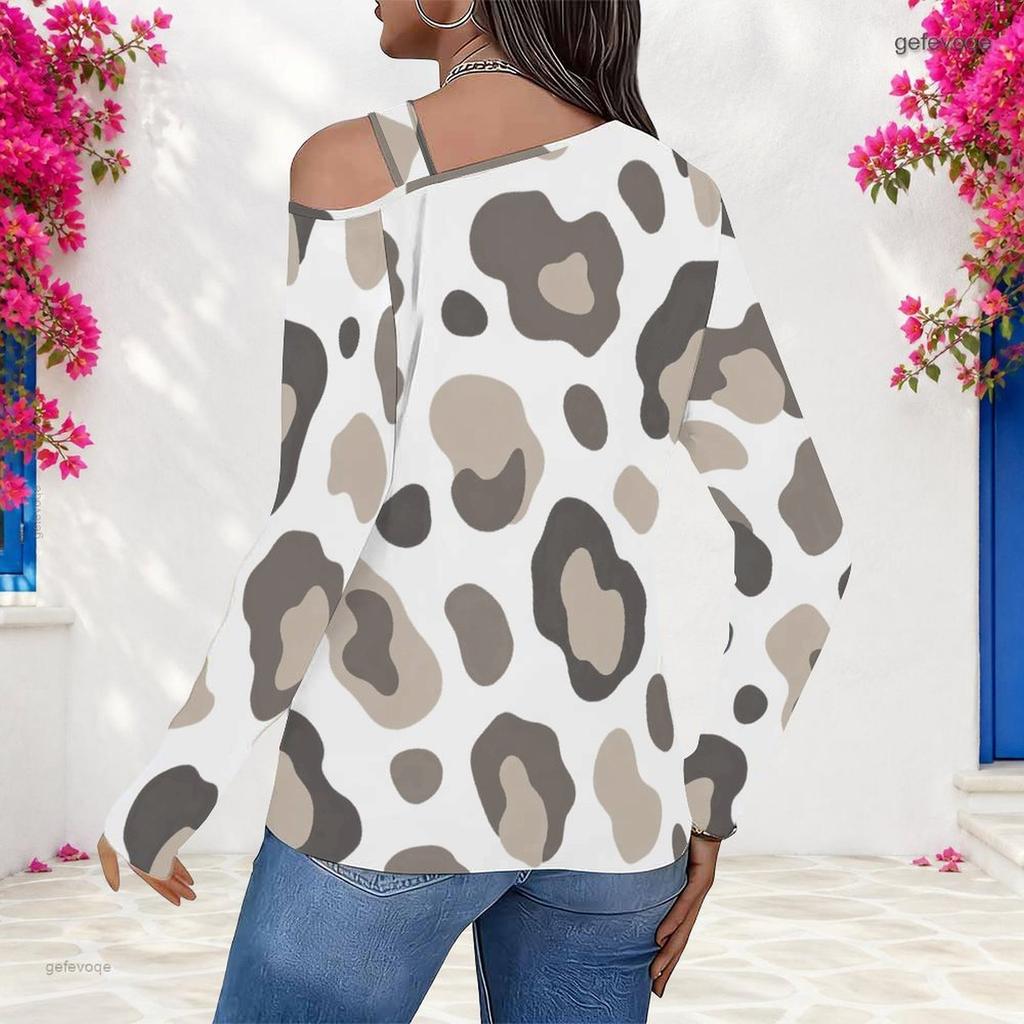 Women Plus Size Leopard Printed Asymmetric Cutout Neck Cold Shoulder Long Sleeve Fitted Top
