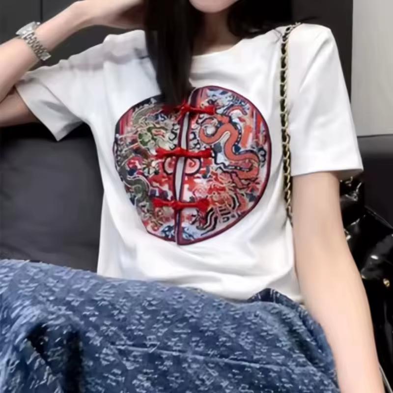 Women Summer Chinese Style Vintage Embroidery T-shirt Ladies Loose Casual Short Sleeve Tee Top Pullovers