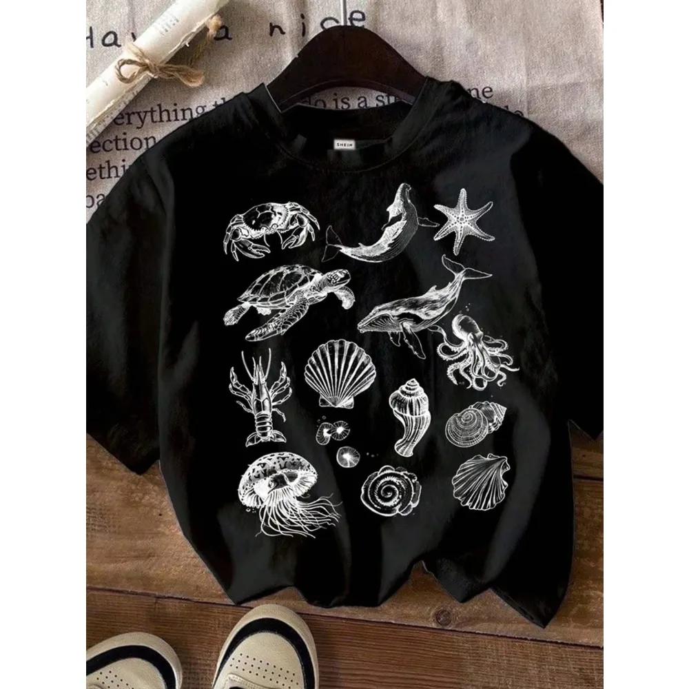

Повседневная Простая Футболка с Мультяшным Принтом Морской Жизни Повседневная Универсальная Женская Футболка с Коротким Рукавом и Круглым Вырезом Y2k Топ Мужская Одежда M