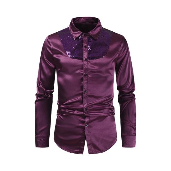 Spring Fall Men Shirt Sequin Smooth Surface Single-breasted Patchwork Turn-down Collar Cardigan Long Sleeves Cosplay Club Dance Party Top
