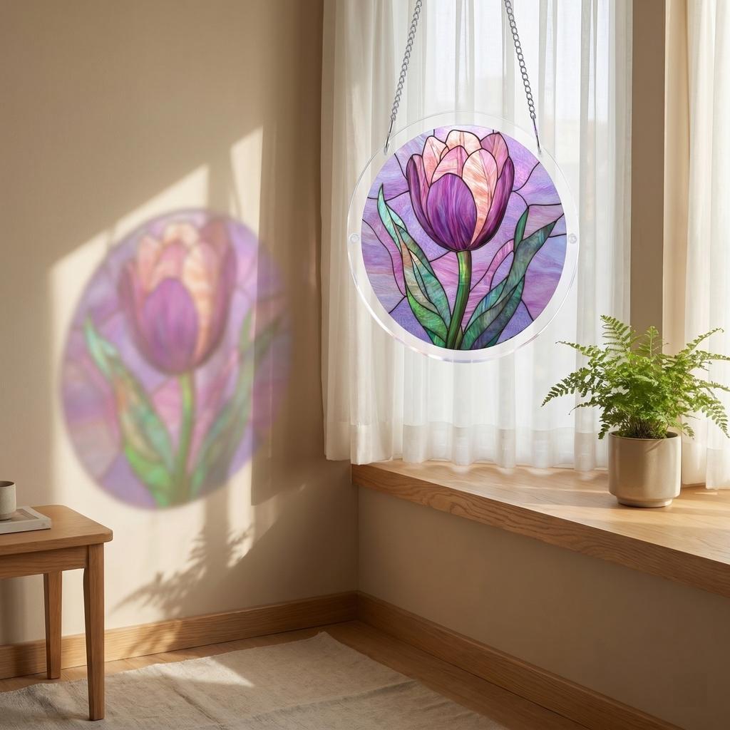Round Stained Glass Window Hanging Panel with Abstract Forest and Pathway Design for Home Decoration Art Suncatcher