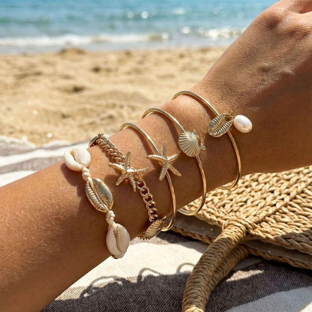 Stacked Design Starfish Shell Bracelet Pendant Bracelet  Women Beach Vacation