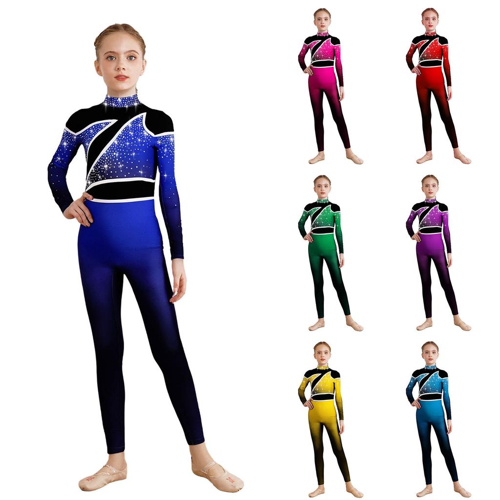 Kids Gymnastics Costume Color Block Bodysuit Mock Neck Long Sleeve Shiny Rhinestones Back