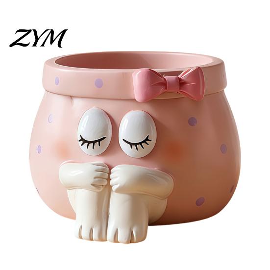 Pink Aesthetic Decor Cute Cartoon Girl Pen Holder, Resin Makeup Brush Decorative Desktop Niche Office Supplies Organizer with Bow Design, Sundries