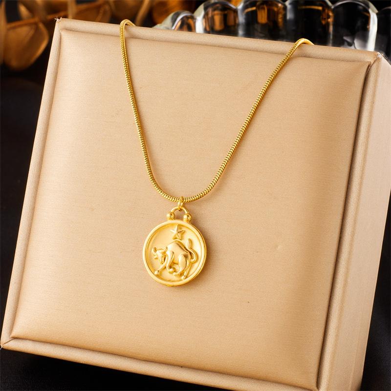 Retro New Round Double Sided Wearing 12 Constellation Pendant Titanium Steel Necklace Jewelry