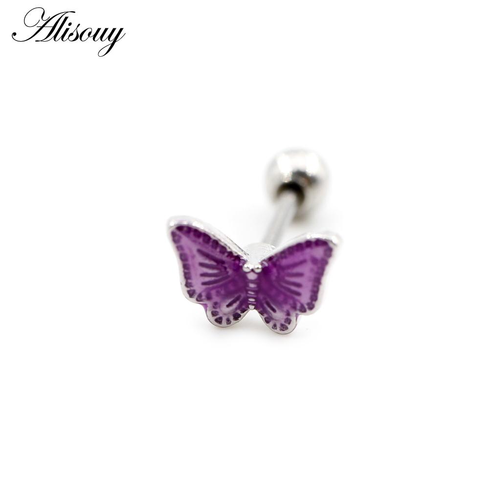 Alisouy 2PCS Butterfly Resin Zircon Ball Stainless Steel Women Men Ear Stud Earrings Cartilage Tragus Helix Pierceing Jewelry