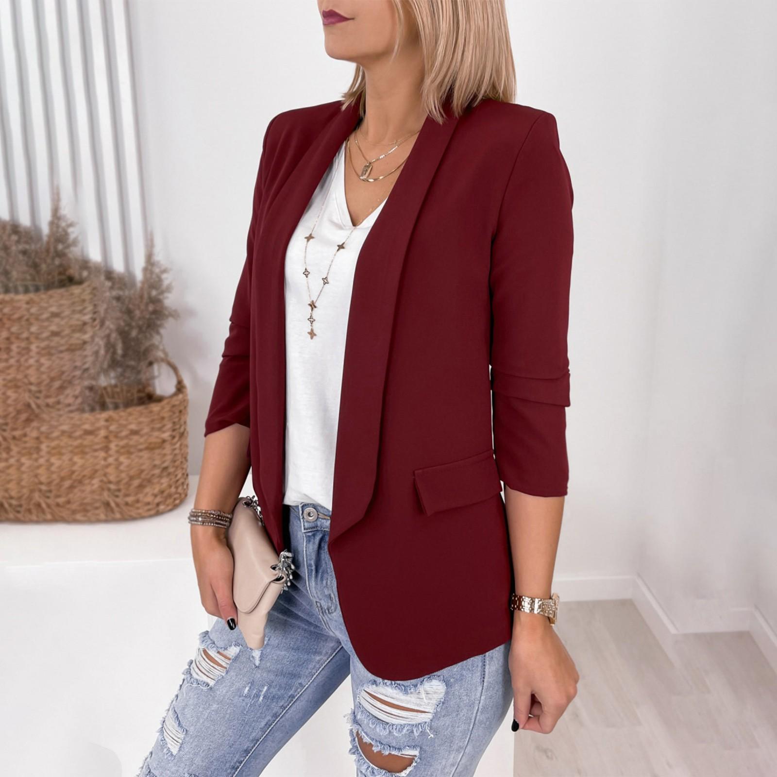 

Женские повседневные жакеты-верхняя одежда с отложным воротником, открытые спереди, с длинными рукавами, для работы XXL винный