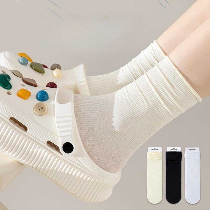 1 Pair Summer Women's Ice Sock Simplicity Solid Color Girl Pile Loose Sock Soft Cotton Student School Sock Underwear Accessories