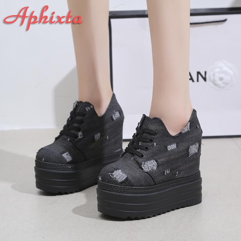 Aphixta Blue Denim Upper Platform Ankle Boot Height Increasing Women Back Zip Shoes Thick Botton Sole Lace Up Botas Mujer