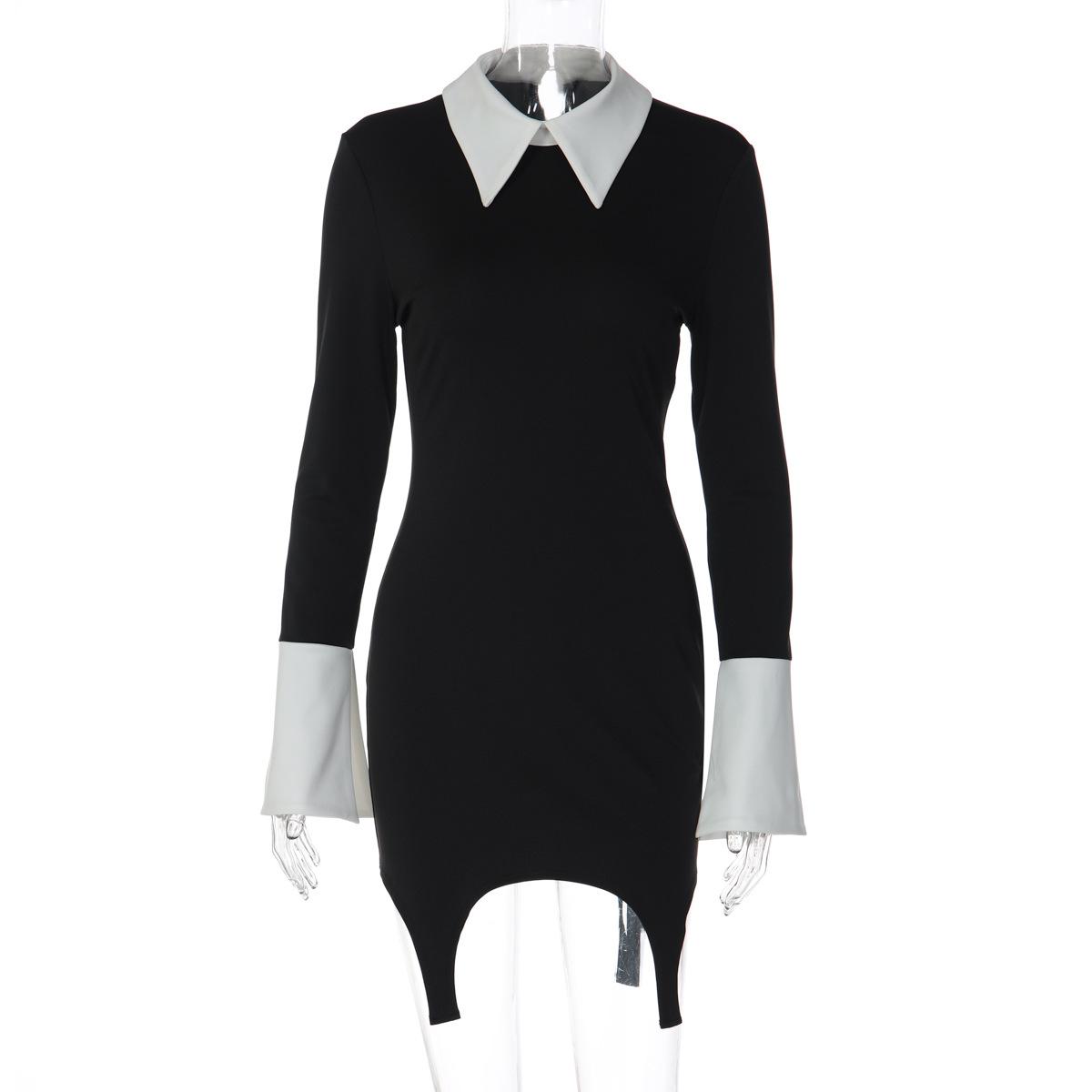 European and American style 2026 spring new women s clothing fashion color matching lapel long sleeve slim hip wrap long sleeve dress wholesale S