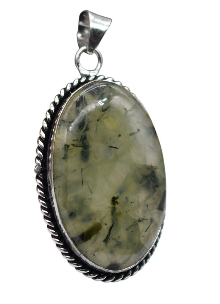 Prehnite Natural Gemstone Antique Silver Plated Pendant 2" J 1608