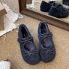 Gentle Wind White Bow Fluffy Shoes Winter Wear Mary Jane One Pedal Lazy Velvet Warm Soft-soled Cotton Shoes