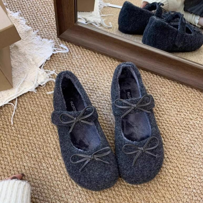 Gentle Wind White Bow Fluffy Shoes Winter Wear Mary Jane One Pedal Lazy Velvet Warm Soft-soled Cotton Shoes
