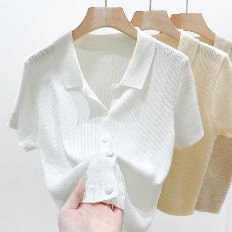 French Thin Polo Collar Sweater for Women in Summer, Slim Short-sleeved and Versatile Short Cardigan Top for Little People