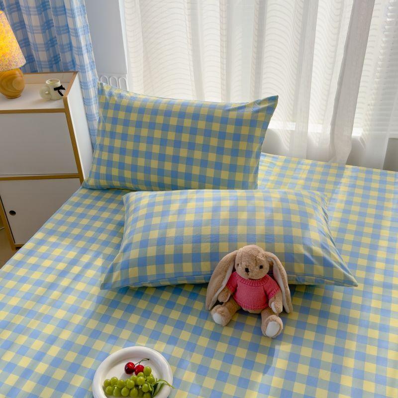 Japanese Style Washed Cotton Checkered Bed Sheet Three Piece Set, Fully Wrapped Bed Sheet, Non Slip Single Piece, Simmons