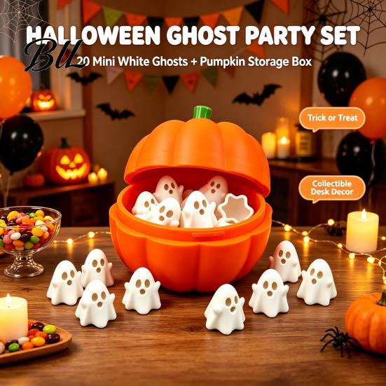 Pumpkin Storage Organizer Halloween Box with 20 Mini Ghosts, for Candy & Ghost Figures Treat, Container Lid Trick or Treat Holiday Party