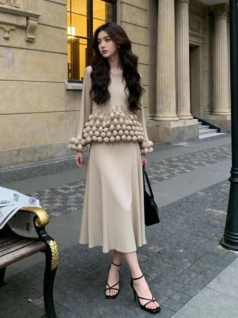 Design-Sense Faux Two-Piece Long Pleated Dress - Spring 2026 Collection, European & American Style