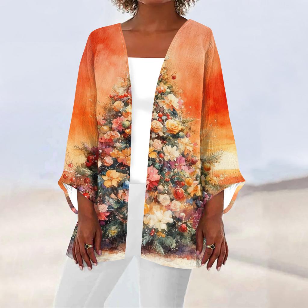 Women's Casual And Fashionable Christmas Printed Lightweight Mid Length Jacket Cardigan