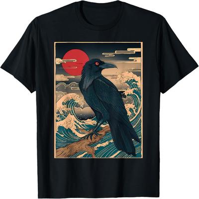 Red Moon Raven - Japanese Style Vintage Black Crow Graphic T-Shirt