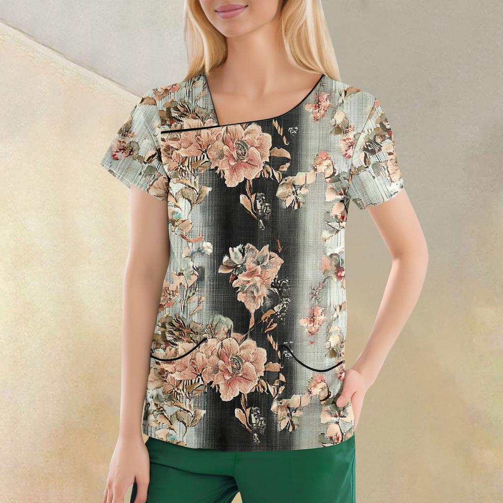Women's Casual  Print Short Sleeve Sloping Collar Workwear Top With Double Pockets