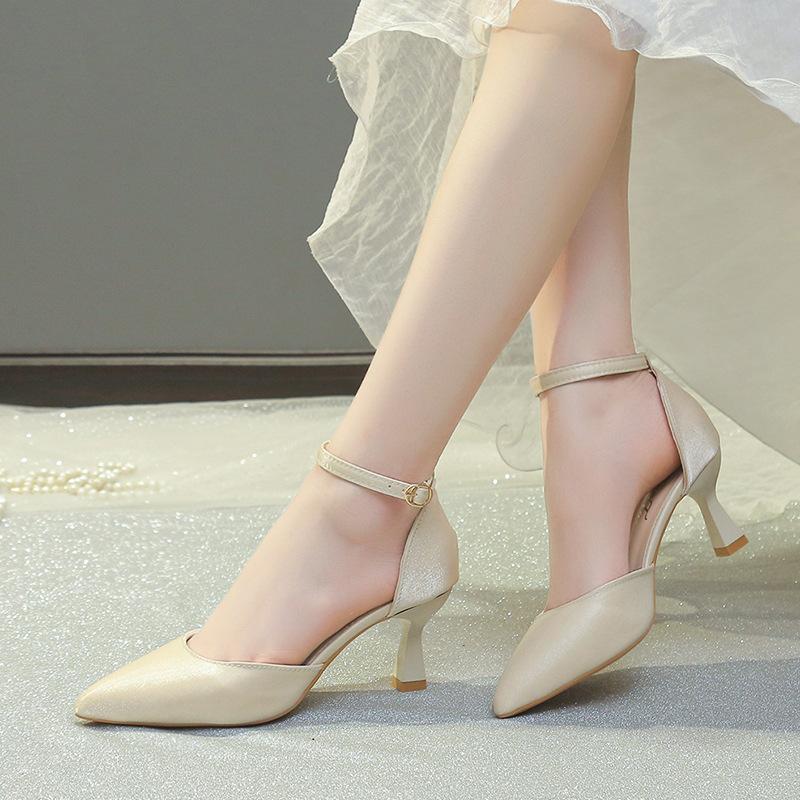 

French satin wedding shoes thin heel 2025 summer new pointed hollow high heels beautiful simple and versatile bridesmaid shoes 40