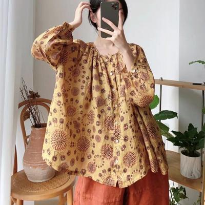 Spring Autumn Women Tops Vintage Casual  O-neck All Match Loose Full Sleeve Button Female Shirts